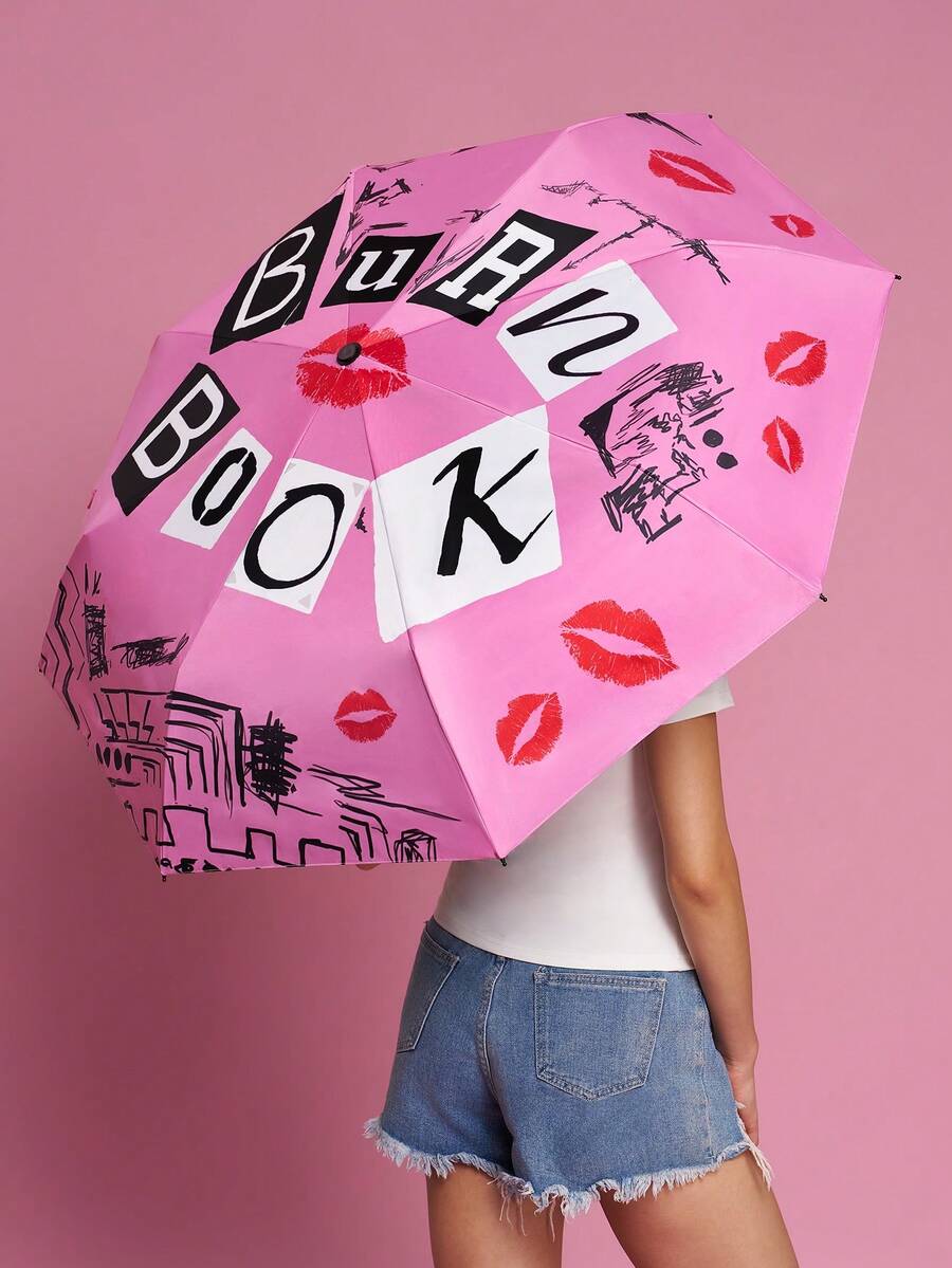 Mean Girls | SHEIN 1件裝 Logo 印花雨傘,UPF 50+ 防曬,適用於學校、工作、戶外與日常使用,為大學生、高中生、男女設計,Burn Book - 粉色 - 查看 1