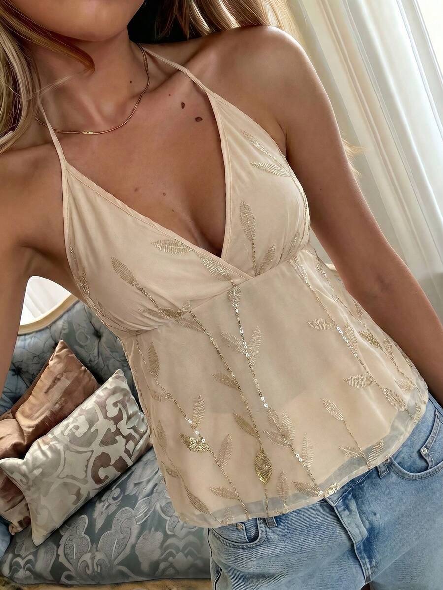 Lucivie Blusa casual y elegante, sexy y vintage de color beige con escote halter profundo en V, adornada con lentejuelas - Blusa brillante para fiestas de verano, top corto chispeante y seductor para citas, adecuado para uso diario, atuendo de oficina, vacaciones relajantes, citas románticas, días escolares, vacaciones en la playa