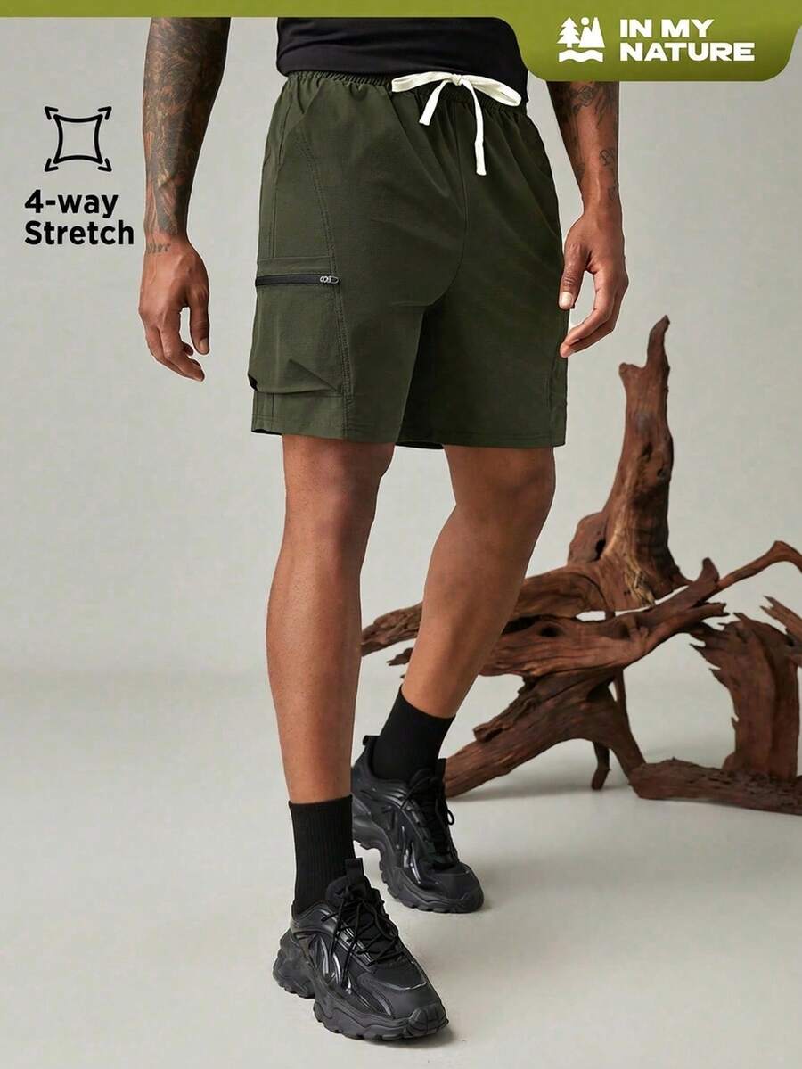 SHEIN In My Nature 男士實色有口袋和束口帶的工作短褲 - 軍綠色 - 查看 1