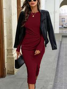 INAWLY 女士纯色圆领长袖开衩褶皱休闲连衣裙 - 酒紅色 - 查看 5