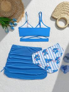 SHEIN Conjunto de 3 piezas de traje de baño para niña preadolescente, falda de malla, estampado de conejo lindo, estilo elegante y exquisito de dama, adecuado para playa de verano, piscina y juegos acuáticos - Azul - Ver 3