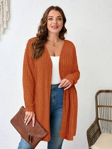 SHEIN LUNE Cárdigan de punto acanalado de color liso talla grande para primavera, otoño e invierno - Óxido marrón - Ver 5