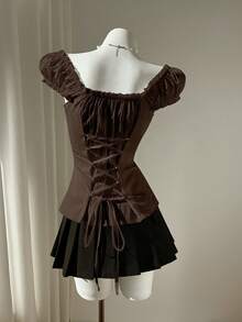 Elamini Spring/Summer Minimalist Minimalist Sexy Sweet Fresh Ruffle Trim Off-The-Shoulder Puff Sleeve Blouse For Women - Coffee Brown - View 2