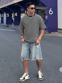 DAZY 男士彩色條紋圓領短袖T恤，夏季圖案印花T恤 - 彩色 - 查看 5