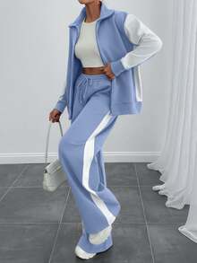 EURMUSE Women Contrast Color High Neck Zipper Detailed Sweatshirt And Sweatpant - Baby Blue - View 6