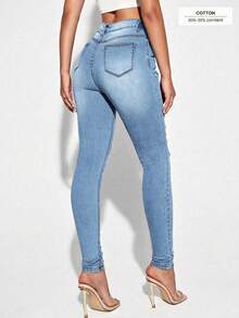 EMERY ROSE Quần jean denim bó sát rách phong cách thường ngày dành cho nữ - Màu xanh lam - Xem 2