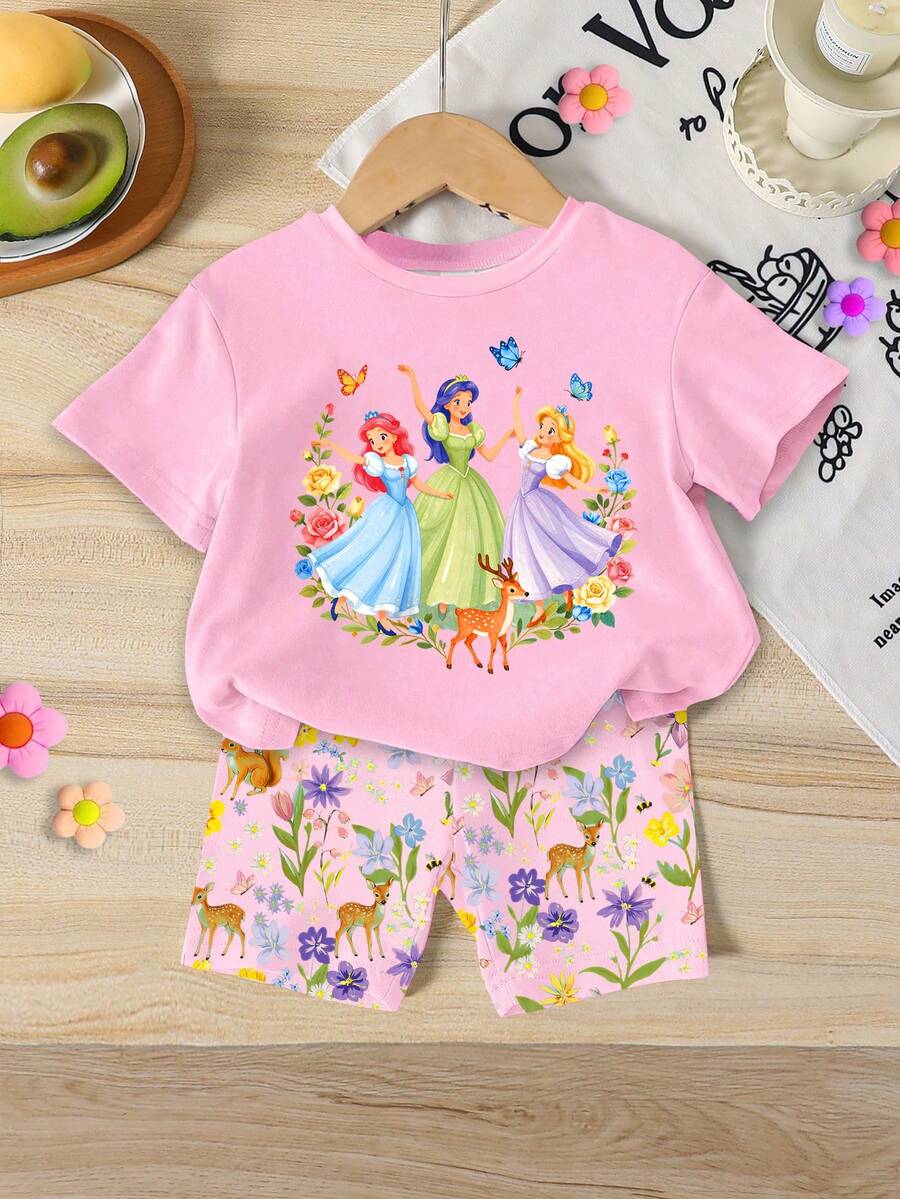 1 Conjunto de camiseta de manga corta con cuello redondo y estampado de princesa de dibujos animados rosa lindo, dulce y elegante, y pantalones cortos con estampado de ciervo y flores para niñas bebé, conjunto de estampado de cuento de hadas soñador adecuado para primavera, verano, otoño, casual, vacaciones, salidas - Multicolor - Ver 1