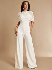 Silquee Women's Elegant Mesh Shawl Jumpsuit Summer Elegant Casual Luxury Formal Festival Party - Apricot - View 3