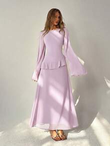 Aloruh Women's Elegant Off-Shoulder Flared Sleeve Ruffle Ruched-Back A-Line Lilac Extra Long Dress - Lilac Purple - View 8