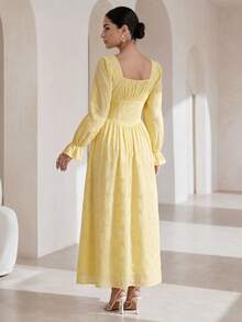Graceveil Women Spring Autumn Cotton Eyelet Cinched Waist Maxi Dress Square Neck Puff Sleeve Ruffle Cuff Long Gown For Daily Outing Date Sisters Gathering - Yellow - View 3