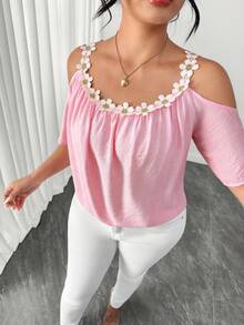 Elenzga Plus Size Round Neck Patchwork Lace Collar Cold Shoulder Short Sleeve Meteor Pleated Texture Pink Blouse Brunch Formal Summer Elegant Autumn - Pink - View 4