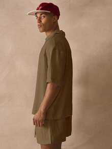 Musero Oversized Short Sleeve Deep V Neck Collared Drop Shoulder Thick Hem Linen Shirt Spring Summer Essentials Beachy Holiday - Khaki - View 3