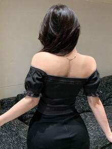 DAZY 女款夏季方領花瓣袖深灰色街頭度假音樂節收腰修身短版牛仔上衣露肩上衣 - 黑色 - 查看 3