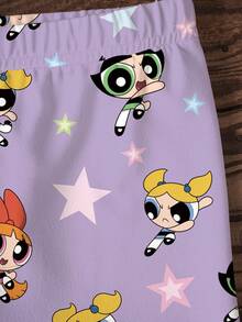 THE POWERPUFF GIRLS X SHEIN 小女孩卡通印花T恤和短裤套装 - 白色 - 查看 5