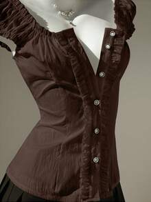 Elamini Spring/Summer Minimalist Minimalist Sexy Sweet Fresh Ruffle Trim Off-The-Shoulder Puff Sleeve Blouse For Women - Coffee Brown - View 3