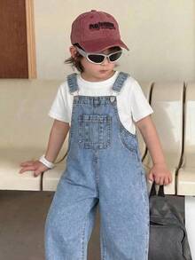 SHEIN Little Byeori 兒童小男孩休閒柔軟淺藍色牛仔寬鬆吊帶褲，夏季/秋季/冬季，男孩返校穿搭，幼兒連身褲，冬季牛仔褲 - 淺色水洗藍 - 查看 5