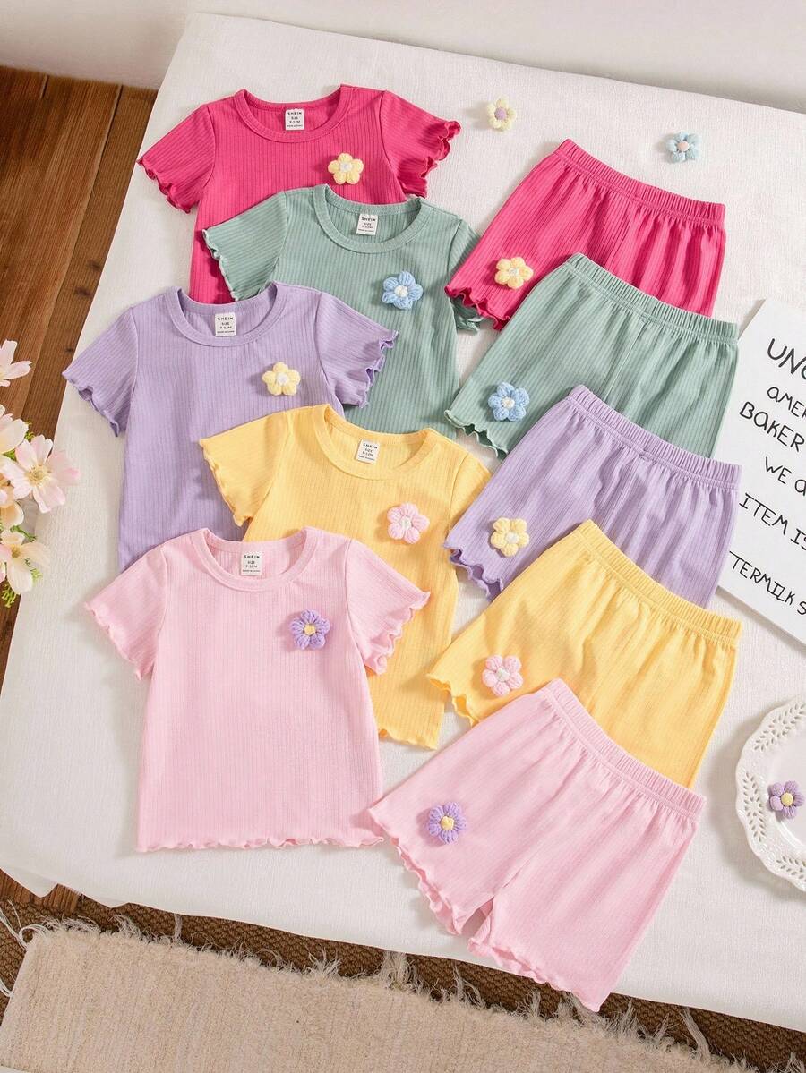 SHEIN Playful Pals 10件/5套 0-3歲女嬰可愛粉色夏季套裝 花朵裝飾短袖上衣與短褲 舒適衣物 適合家庭穿搭戶外活動 - 彩色 - 查看 1