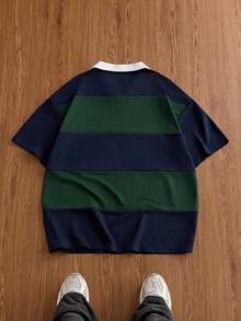 EASEVO 男士夏季休閒寬鬆大尺碼 Polo 衫，藍綠配色拼接 - 彩色 - 查看 9