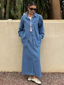 DAZY Women's Casual Striped Pocket Shirt And Denim Skirt 2-Piece Suit, Spring/Summer - Blue - View 4