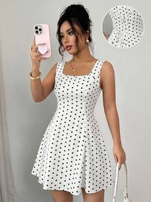 Rafferiza Ditsy Floral Square Neck Tie Waist A-Line Sleeveless Dress For Women - Black and White - View 1