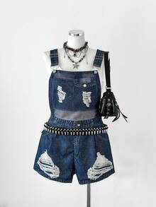 Sunspun Plus Size Women Loose Casual Denim Print Romper - Blue - View 3