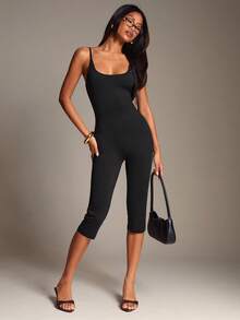 SHEIN BAE Women's Sexy Basic Tight Elegant Minimalist Spaghetti Strap Jumpsuit, Capri Pants, Leggings, Black, Night Out Going Out Summer - Black - View 3
