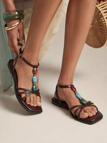 SHUZIA Damen Quadratische Zehenkappe Knöchelriemen Achat Perlen Feine PU Schokolade Flache Sandalen - Stylisch, Chic & Urlaubsbereit - Schokoladenbraun - Übersicht 2