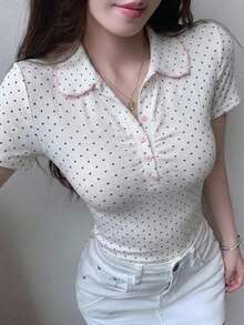 DAZY 夏季可愛波點白色休閒街頭風運動音樂節性感修身女款 Polo 衫 T-shirt Y2K - 白色 - 查看 5