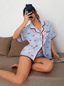 Napfluff Cute Striped Bow Pink Print Shorts Short Sleeve Women's Pajama 2 Pieces Set - Blue - View 3