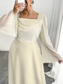 Modelyn Plus Size Patchwork Cinched Waist Long Sleeve A-Line Dress Fall Cloth For Women - Apricot - View 3