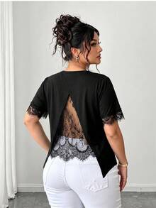 EMERY ROSE Plus Size Women's Vacation T-Shirt With Asymmetrical Back Design And Lace Patchwork Details - Black - View 2