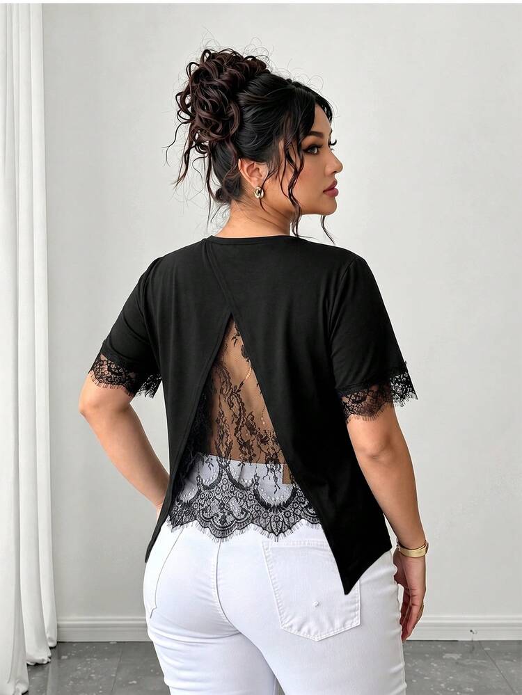EMERY ROSE 大尺碼女款度假T恤，非對稱背部設計與蕾絲拼接細節 - 黑色 - 查看 2