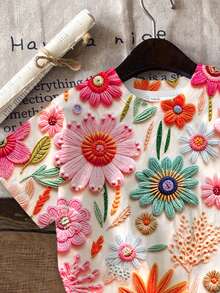 Young Girl Casual Minimalist Cute Textured Floral Print, Short Sleeve Long Pants 2-Piece Set Suitable For Summer, Graphic, Cozy, Girls Outfit Sets, Y2K, Vintage, Vacation - Multicolor - View 5
