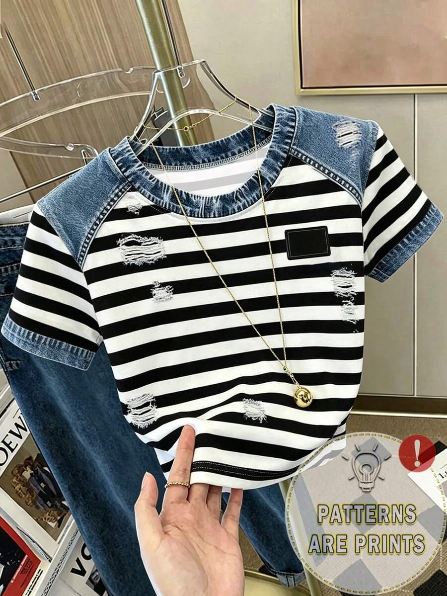 Franclia Camiseta casual de mujer de cuello redondo con parches, camiseta efecto denim, camiseta a rayas, camiseta casual cómoda para exteriores, camiseta para todas las estaciones - Azul Marino - Ver 1
