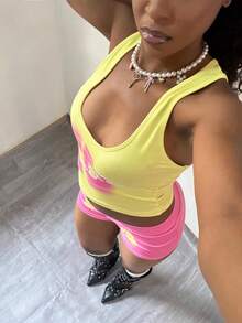 Maweii 大码女士性感假日黄粉字母印花低领吊带背心和配套短裤两件套 - 彩色 - 查看 6