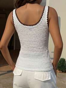 DAZY Women's Summer Vacation Holiday Outfit White And Brown Color Contrast Trim U-Neck Sleeveless Fitted Textured Fabric Tank Top Vacation Casual - White - View 2