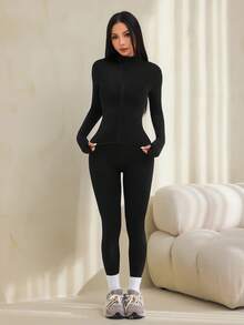 SHEIN PETITE Solid Zip Up Sports Jacket With Thumb Holes - Black - View 5