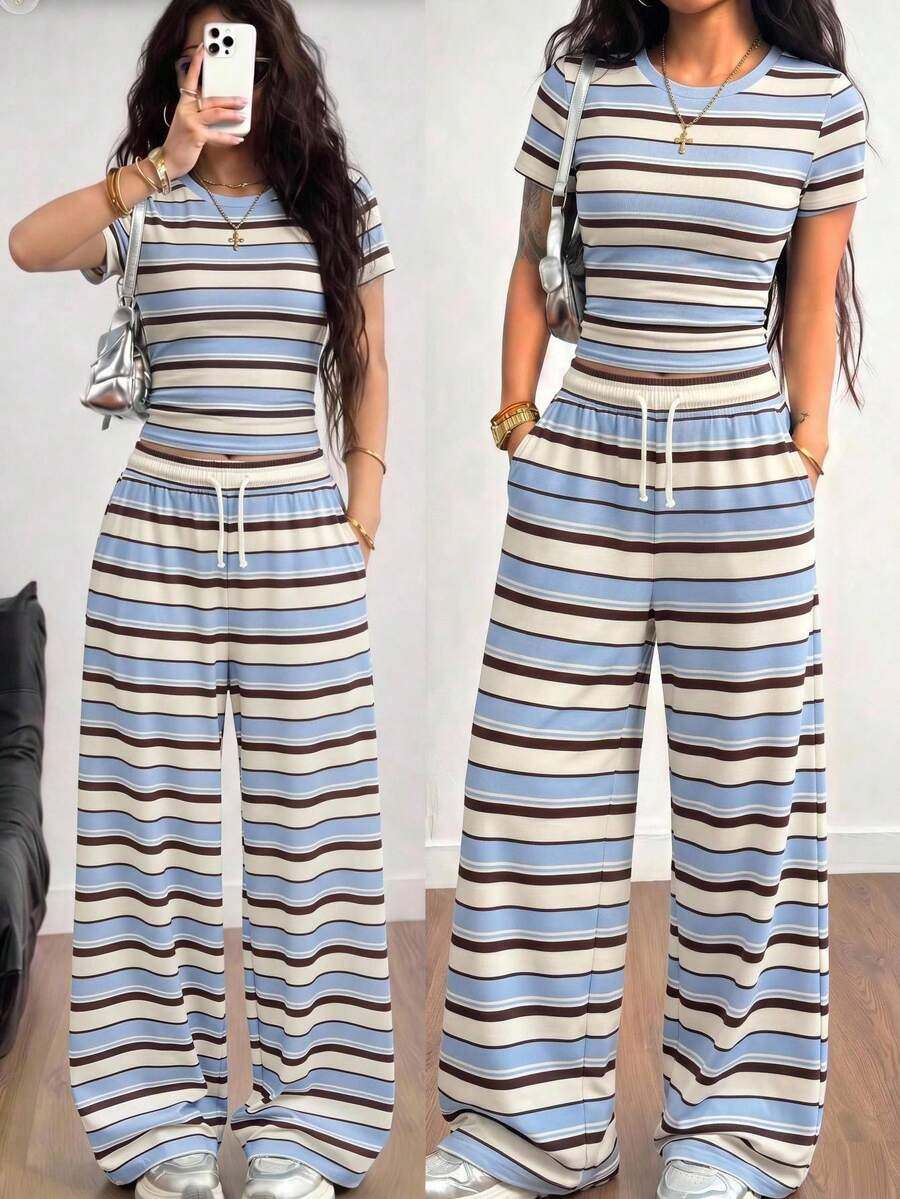 SHEIN Kids Teen Girls Blue Striped 2-Piece Set Tween Girl Clothes Preppy Style Squishy Set Co-Ords - Multicolor - View 1