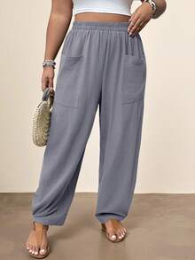 Freevana Plus Size Vacation Casual Pocket Tapered Long Pants Vacation Dusty Blue Summer - Dusty Blue - View 3