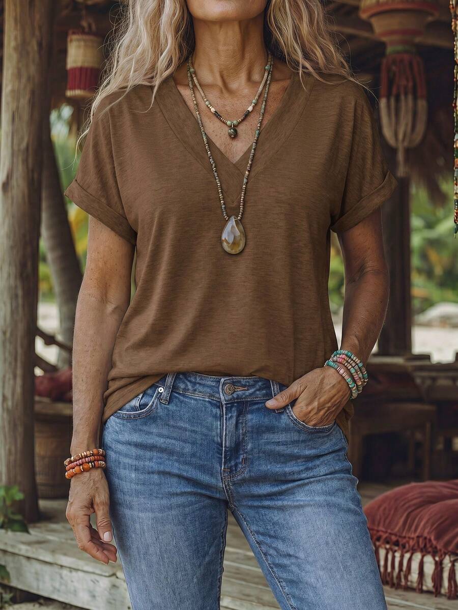 EMERY ROSE Camiseta casual versátil de mujer de unicolor con cuello en V y mangas cortas - Café integral - Ver 1
