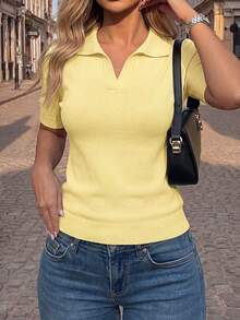 SHEIN PETITE Women's Light Yellow Polo Collar Short Sleeve Top,Petite Fit,Slim Fit Lightweight Knit Blouse,Elegant Summer Casual Everyday Seaside Vacation Outfit - Light Yellow - View 5