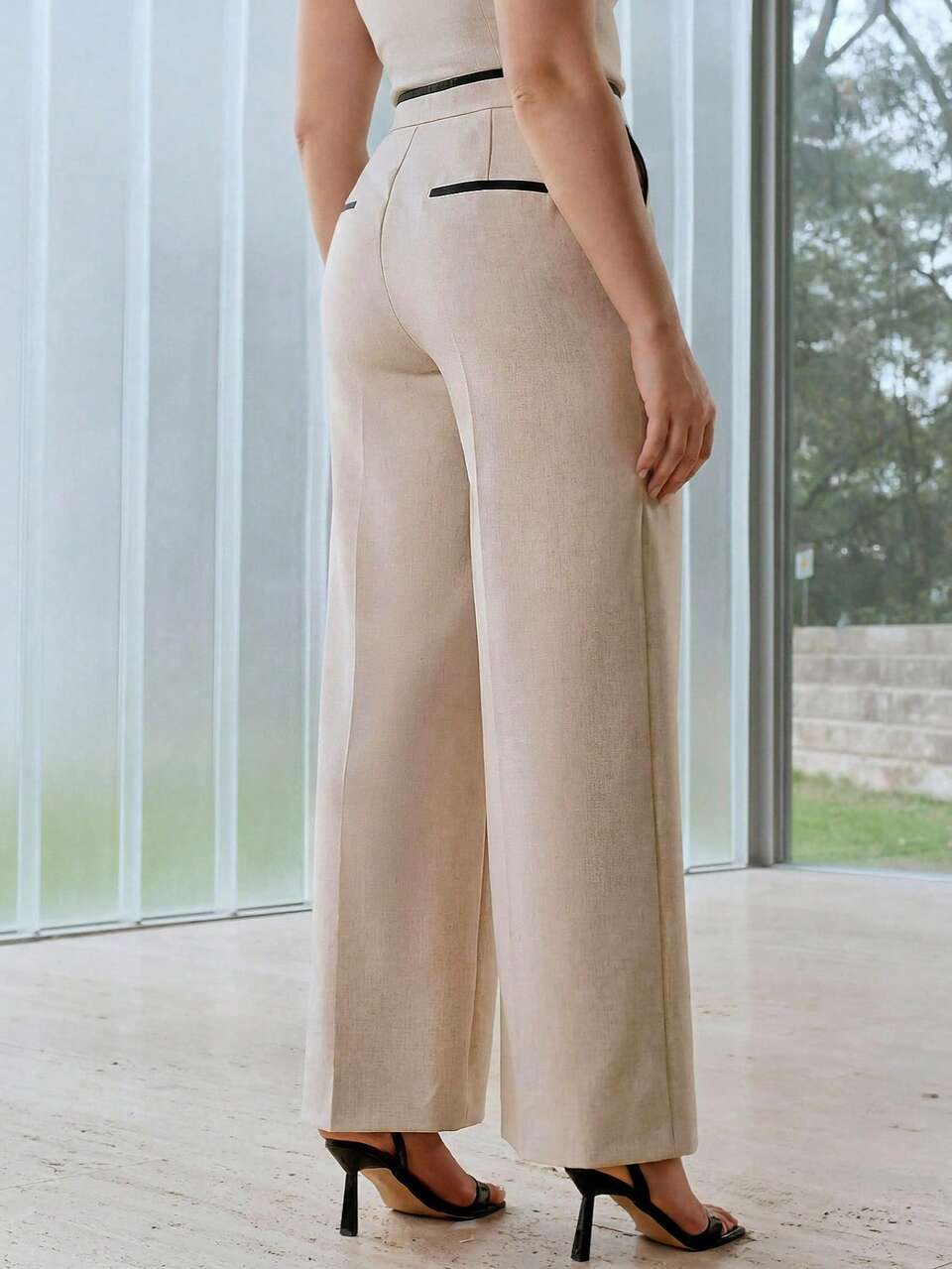 PLUS SIZE LINEN VISCOSE CONTRAST BINDING SLANT POCKET SEAM FRONT WIDE LEG PANTS