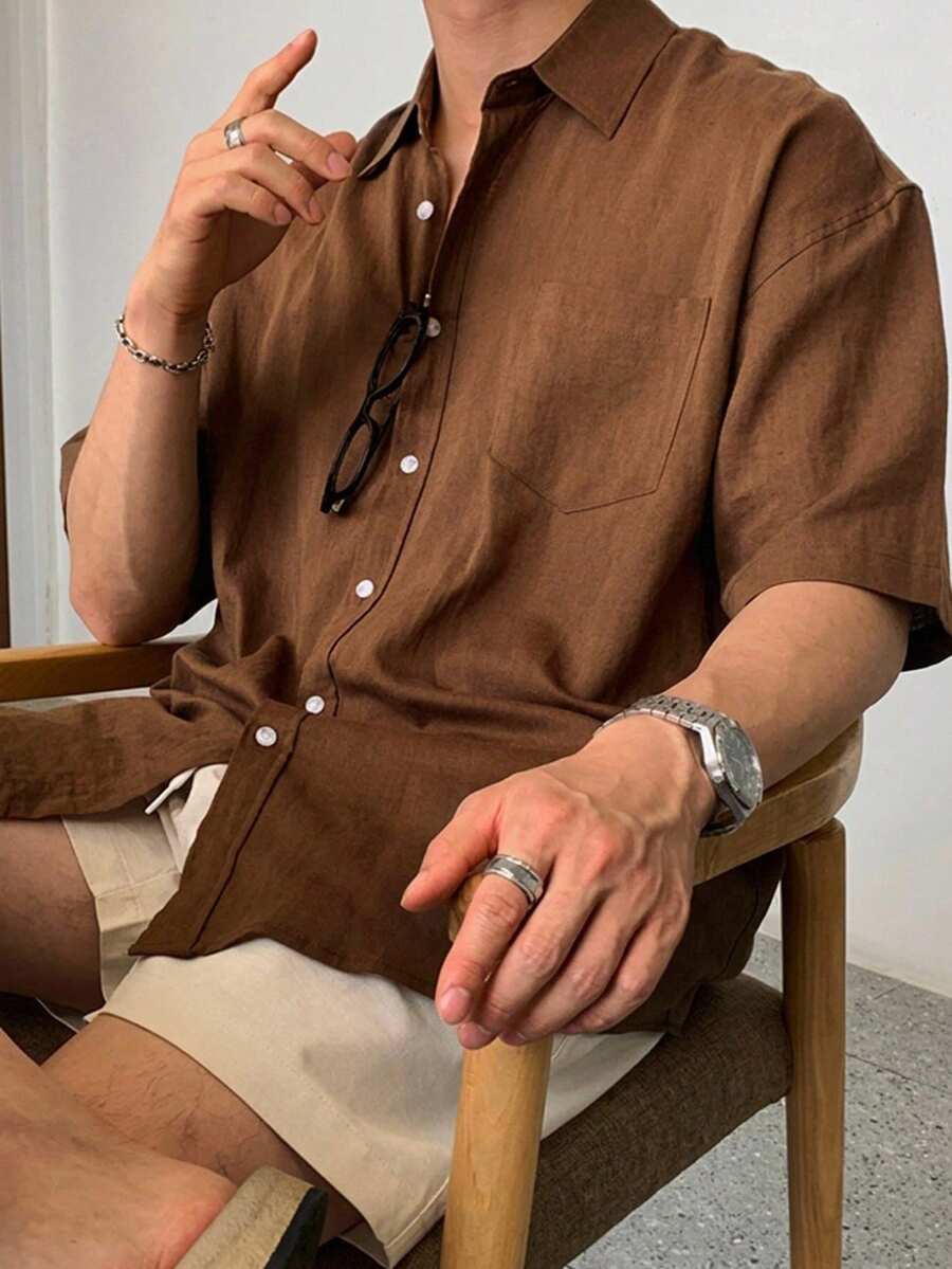 DAZY 棕紅色短袖男士通勤襯衫 夏季 - 棕色 - 查看 1