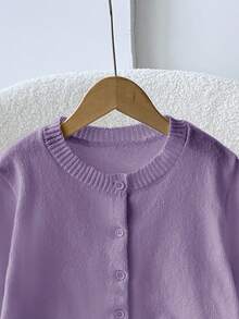 SHEIN Tween女孩純色長袖單排扣休閒針織開襟衫 秋冬款 - 紫色 - 查看 5