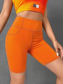 SHEIN PETITE CURVE Quần short biker size lớn đắp chữ may viền nổi - trái cam - Xem 3