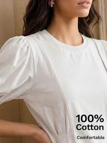 Anewsta Essential Anewsta Summer Casual Vacation Solid Color 100% Cotton Round Neck Puff Short Sleeve Ruched Waist Design Slimming Versatile Women's T-Shirt - White - View 4