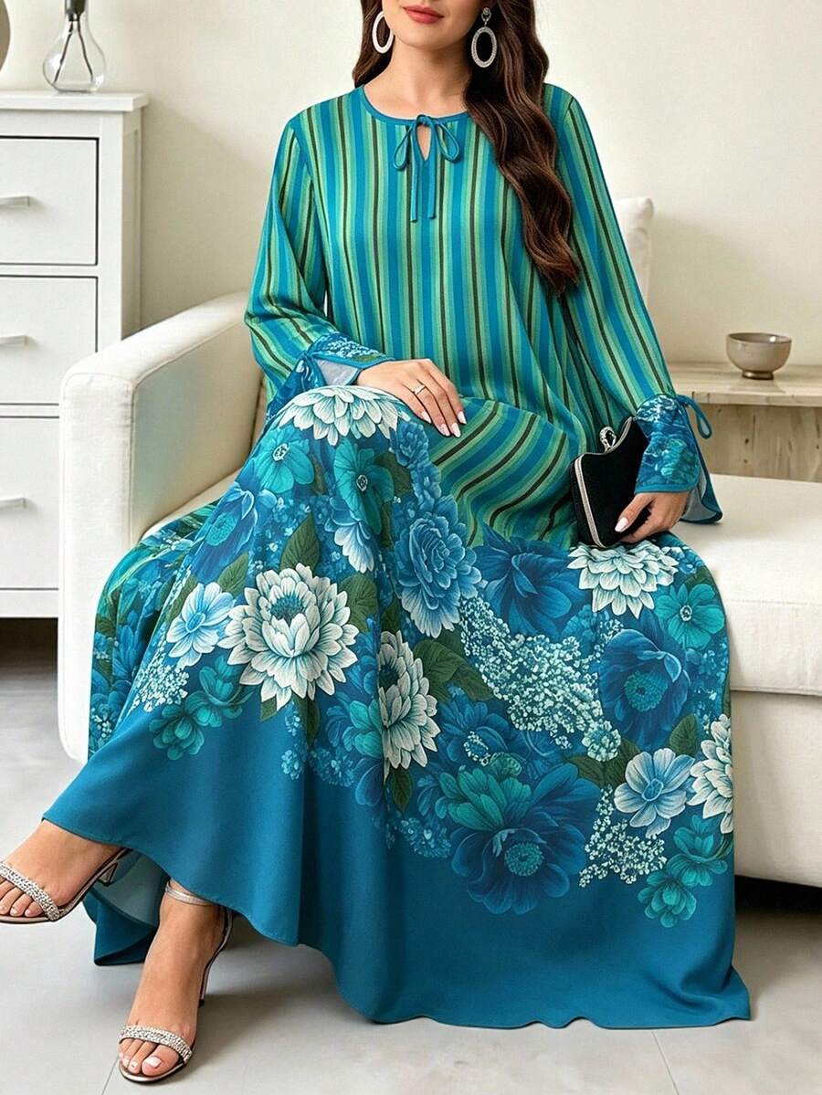 SHEIN Najma 大尺碼女款藍綠色花卉條紋印花洋裝,時尚小V領綁帶設計寬鬆長洋裝,春夏長袖優雅洋裝,藍綠色滾邊設計 - 彩色 - 查看 1