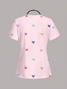 SHEIN Essnce 休閒心形圖案女款刷手服上衣，適合夏季 - 彩色 - 查看 2