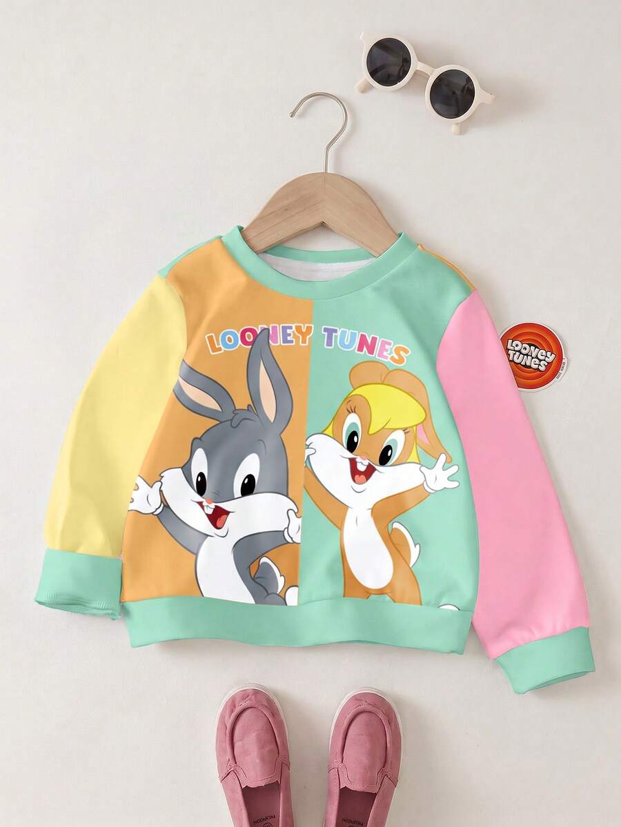 LOONEY TUNES X SHEIN 女婴休闲日常通勤可爱卡通兔子字母图案撞色圆领卫衣，春秋季 - 白色 - 查看 1