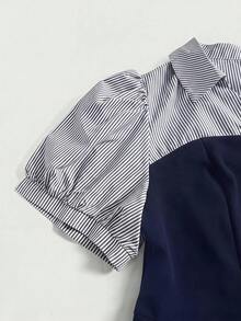 SHEIN MOD 大尺碼藍白條紋拼接黑色優雅通勤二合一西裝洋裝 - 藏蓝色 - 查看 3